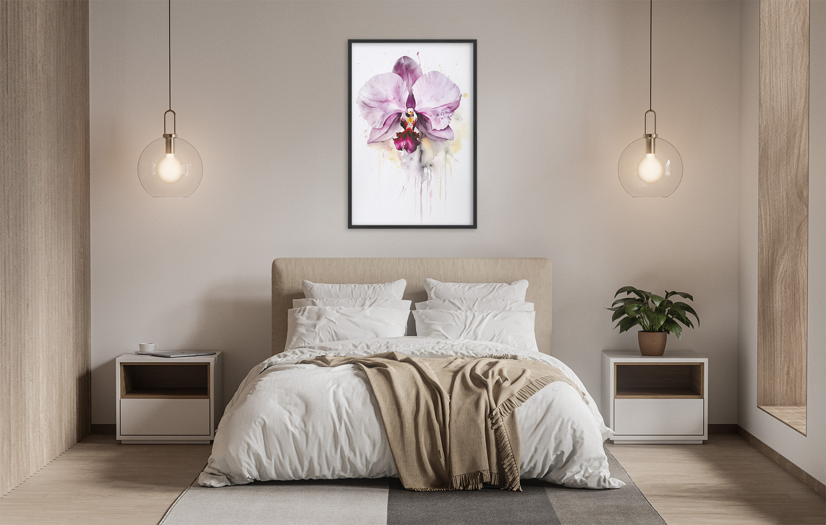 a serene and modern bedroom with a large bed, white bedding, and a framed painting of a purple orchid hanging above it. The room is illuminated by two pendant lights, creating a warm and inviting atmosphere.