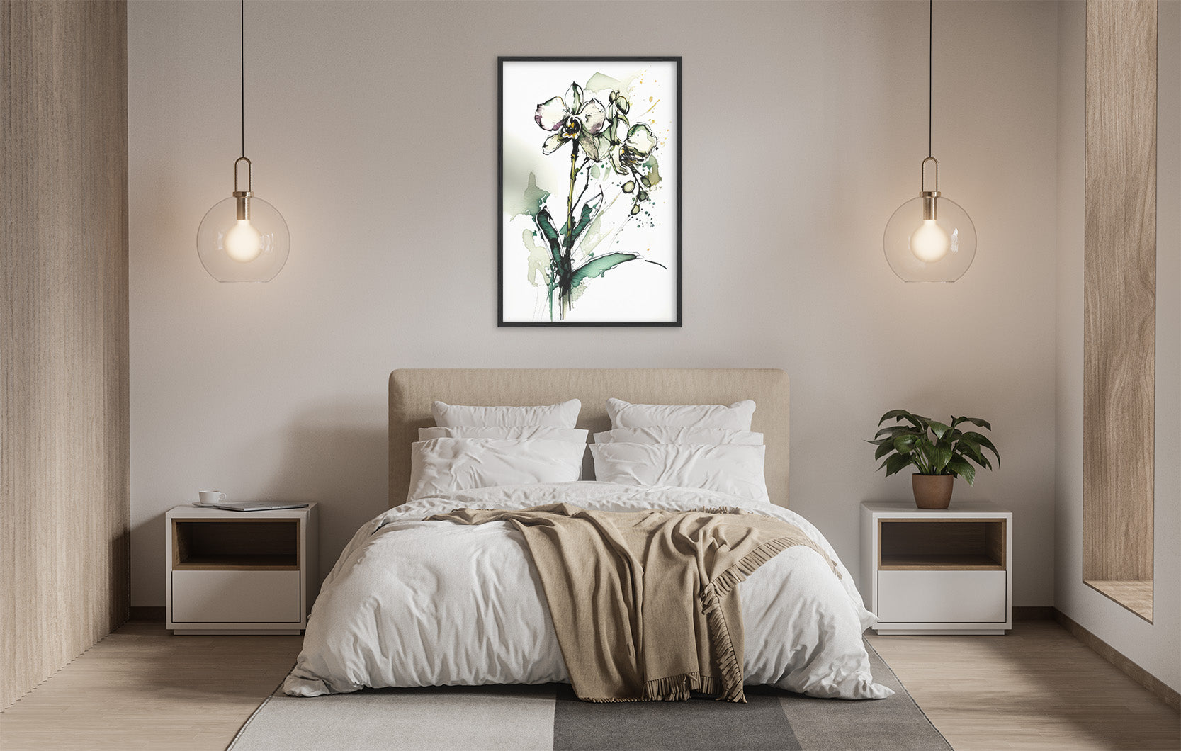a serene and modern bedroom with a large bed, white bedding, and a framed artwork of a flower on the wall. The room is illuminated by two pendant lights hanging above the bed, creating a warm and inviting atmosphere.